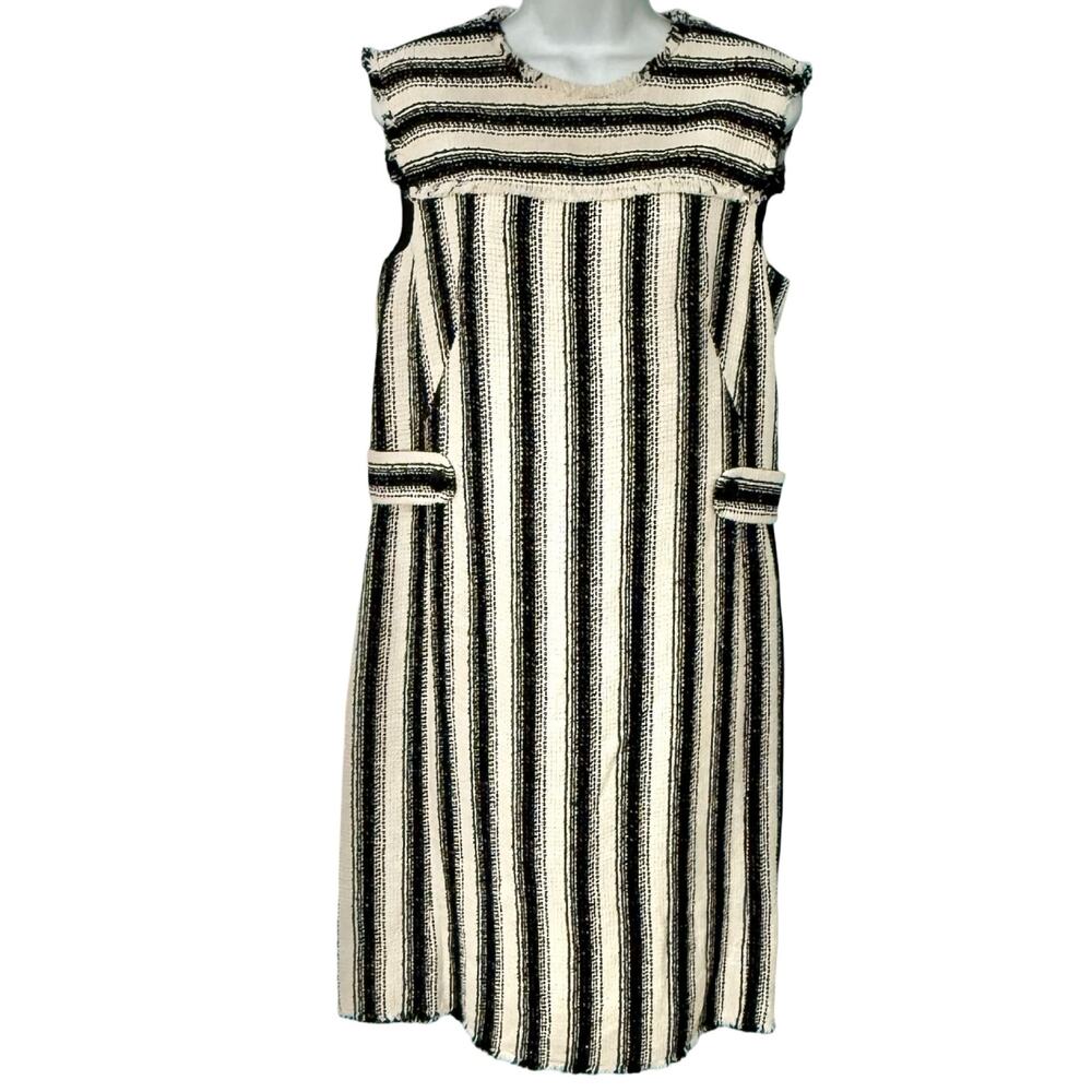 Akris Punto Black Ivory Pinstripe Button Detail Raw Edge Tweed Dress Size 8